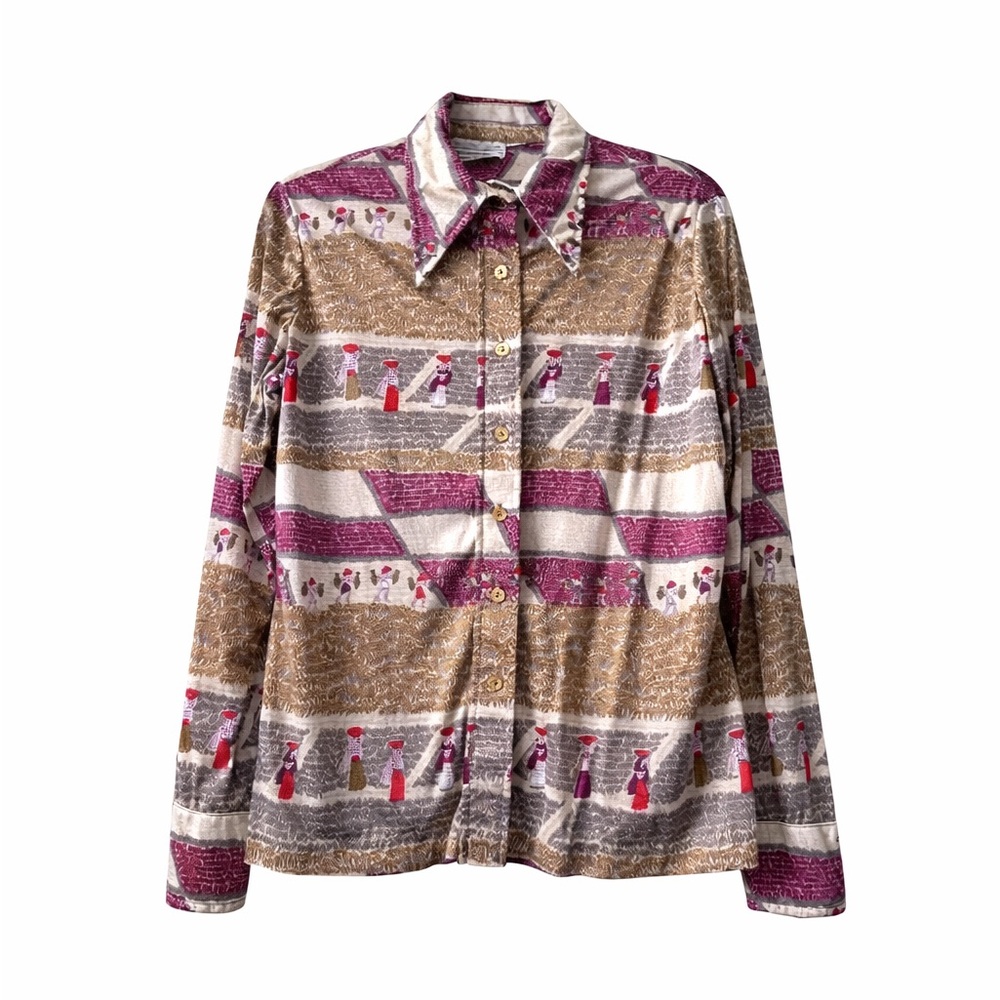 Campus Casuals California Vintage Novelty Print Button Front Blouse M